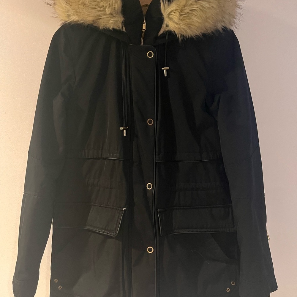 ZARA Winter Heavy Black Parka with Faux Fur Hood